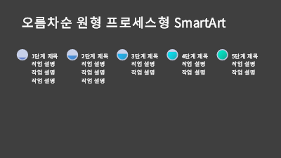 다이어그램|오름차순 원형 프로세스형 SmartArt 슬라이드(검정색 바탕에 회색 및 파란색), 와이드스크린
